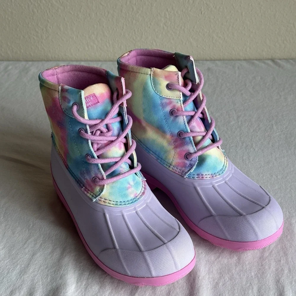 Sperry Port Boot Rain Weather Duck Boots Tie Dye Pastel Rainbow New In Box 5Y